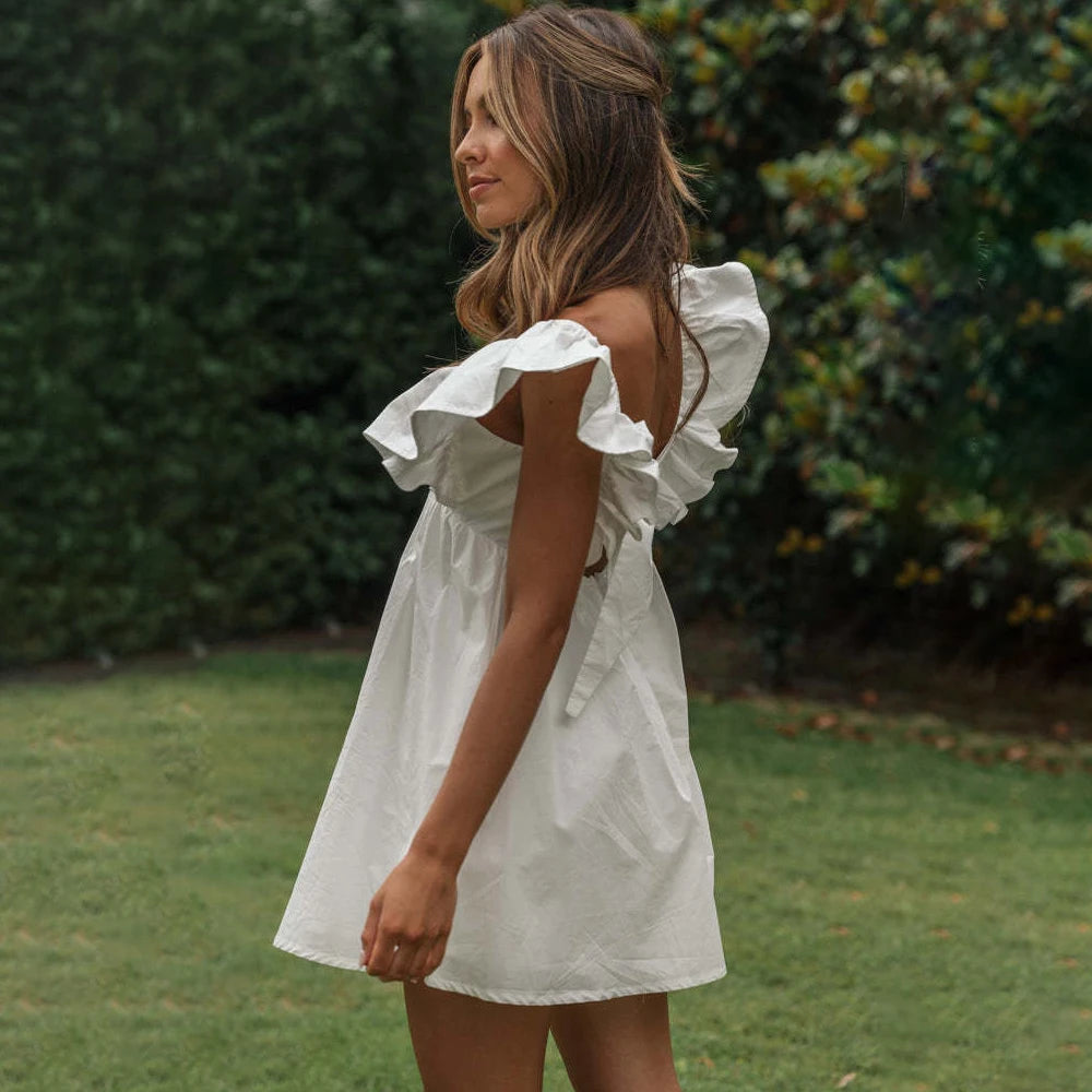 Elegant White A-Line Ruffle Mini Dress | Summer Party & Vacation