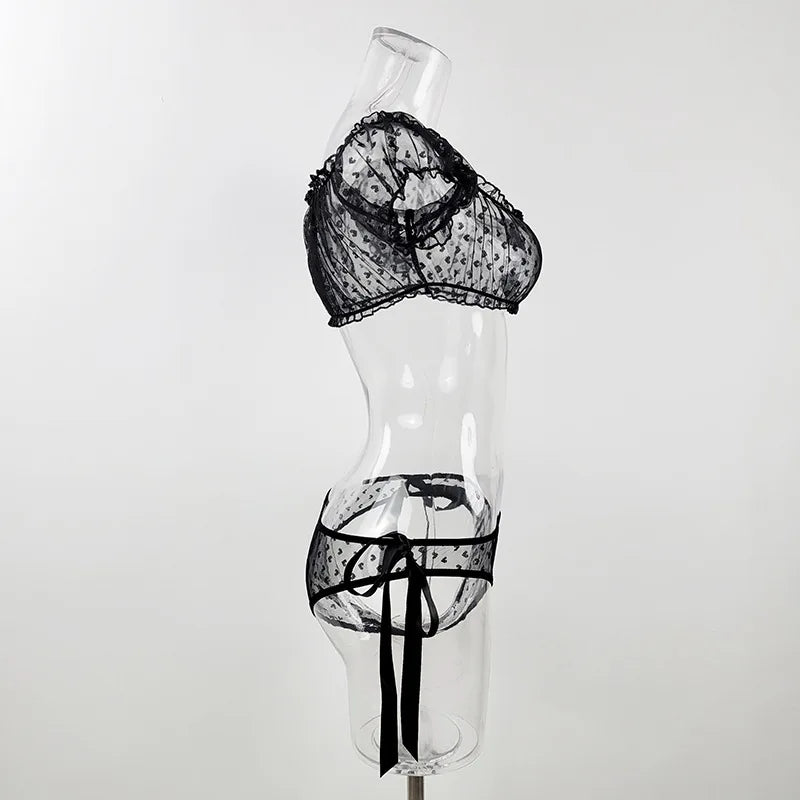 Seductive Spotted Mesh Lingerie Set - 2-Piece Bra & Panty