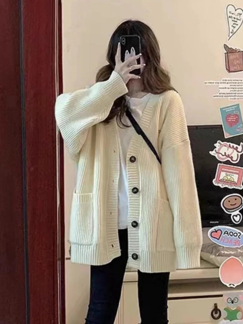 Gray Mid-Length Knitted Sweater Coat Women's Autumn Outerwear Japanese Lazy Vintage Milk System Soft Cozy Open Cardigan