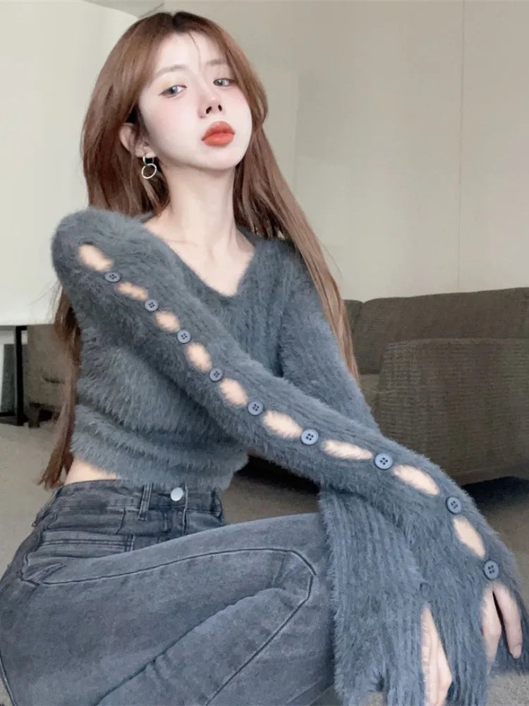 Sexy ort Knitted Sweater Women's Spring Autumn Soft Cozy Design Hole Knitwear Pure Desire Versatile Base Layer ort Top