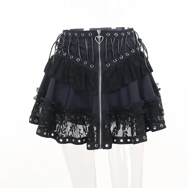 Black Women Punk High Waisted Goth Skirt Sexy Pleated Mini Skirt with Chain E Girl Lace-Up Tie PU Leather Corset Y2K Crop Tops