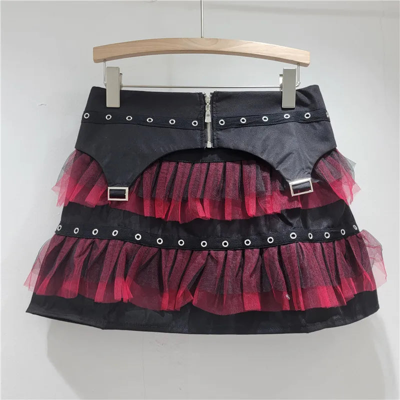 YEAE Ladies Diablo Spice Girl Corn Zipper Skirt Splicing Red Mesh Cake Skirt