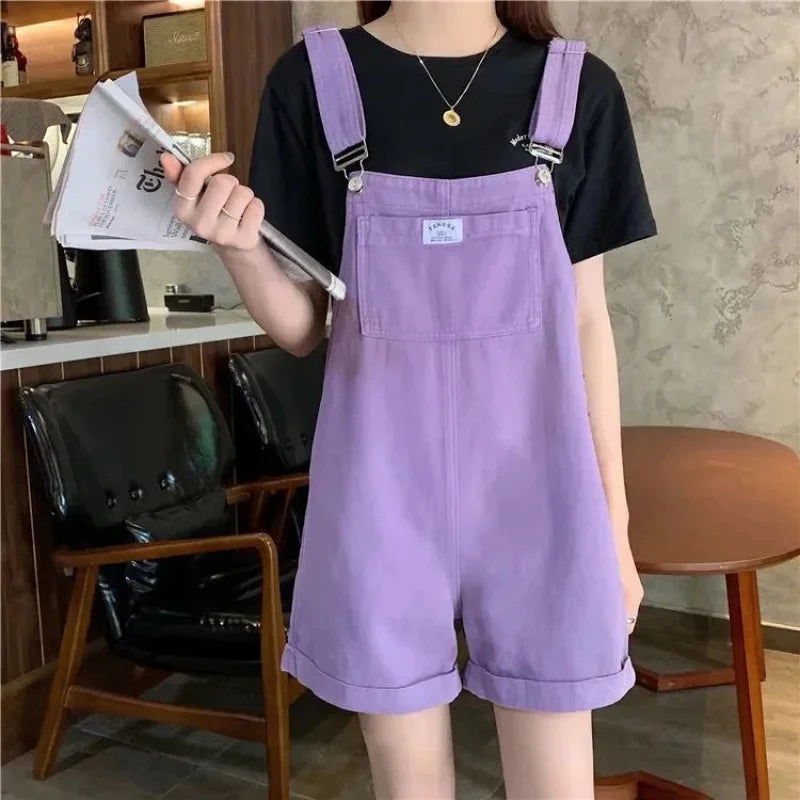 Summer New Style Loose Korean Version Women's Denim Overalls Straight Leg Jeans Color Purple Two-Piece Suit