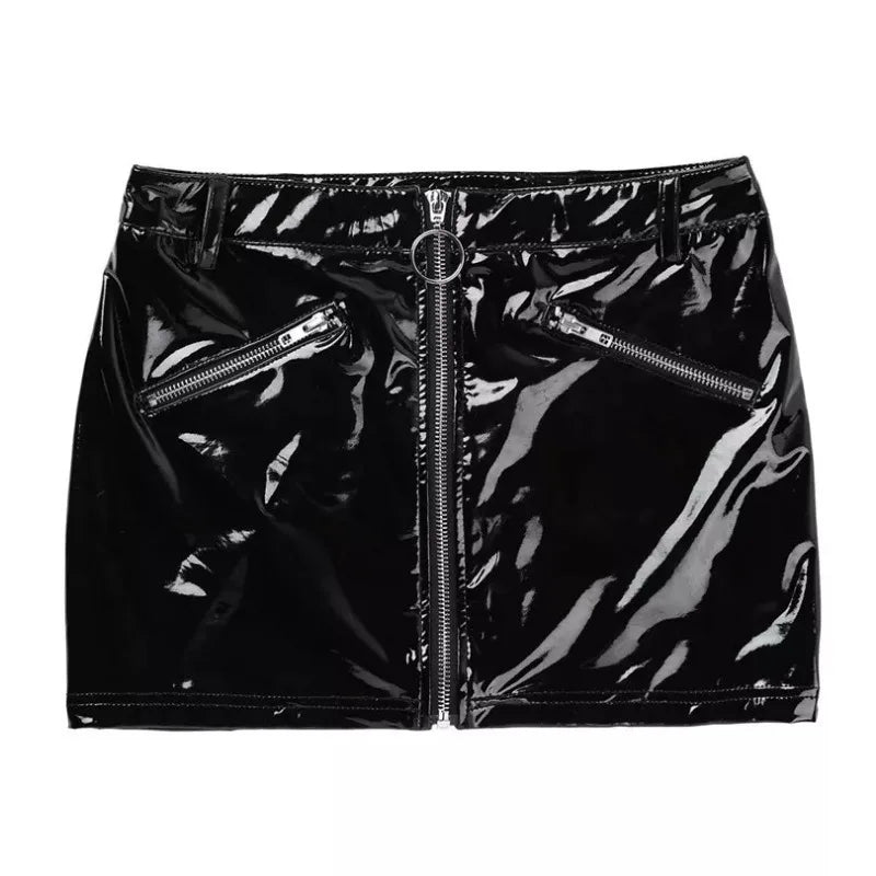 Plus Size Wetlook Latex Mini Skirts Women Sexy Leather Bodycoon Hip Wrap Skirt High Waist Zipper Skirts Night Party Clubwear