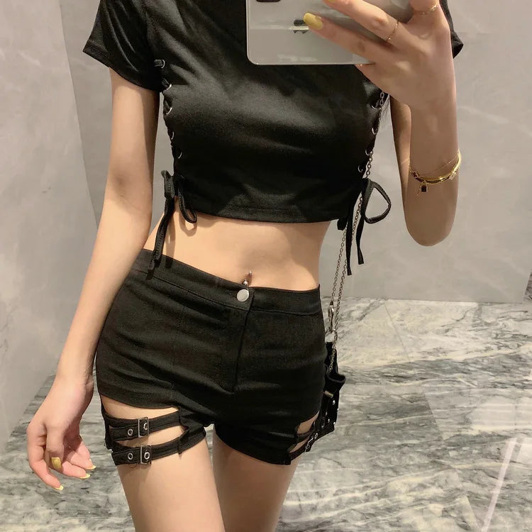 High-Waist Elastic Slimming A- Line Short Shorts Women's Belted Summer 2025 Fashion Trendy Polyester Hot Pants Casual Style