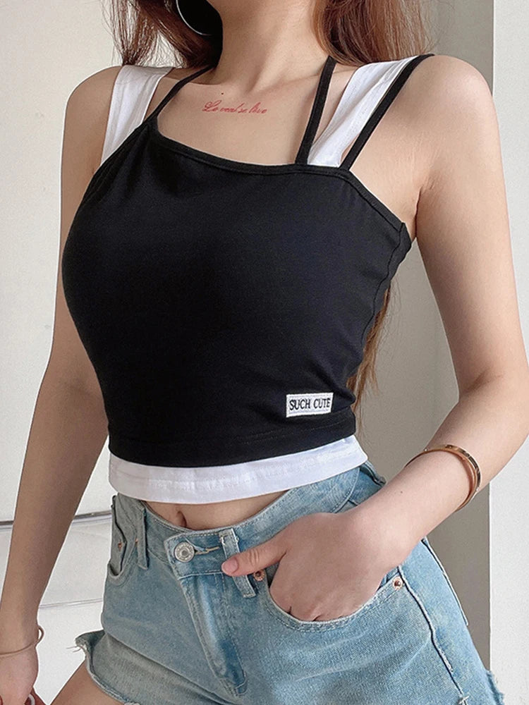Women Hollow Out Black Y2K Tees Sleeveless Skinny Tops Cool Punk T-shirts Techwear 2024 Spring Summer New Sexy Crop Top