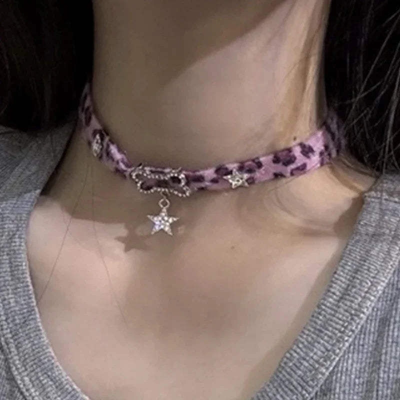 Y2K Plush Leopard Bone Choker Necklace Purple Velvet Goth