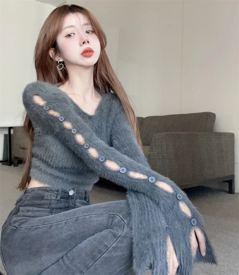 Sexy ort Knitted Sweater Women's Spring Autumn Soft Cozy Design Hole Knitwear Pure Desire Versatile Base Layer ort Top