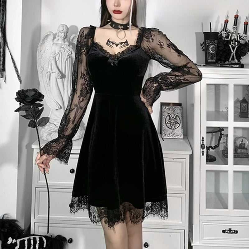Dark Gothic Lace Mini Dress - Flare Sleeve V-Neck
