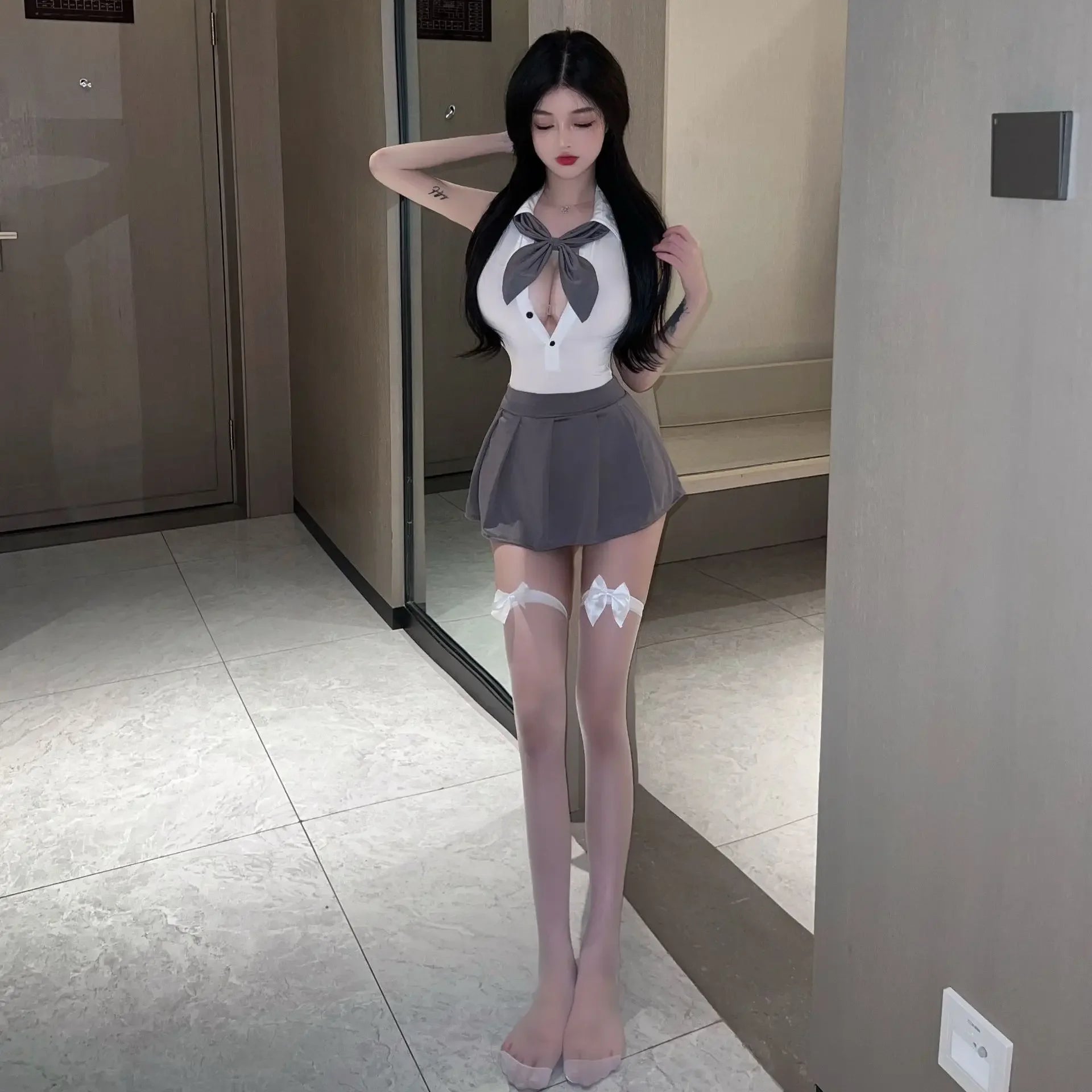 Seductive JK Student Lingerie: Backless Top & Pleated Skirt