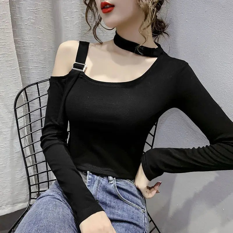Chic Shoulder Bared Long Sleeve Base Shirt for Women Stylish Slim Fit Trendy Top Casual Loose Style Daily Wear Girl's Fashion