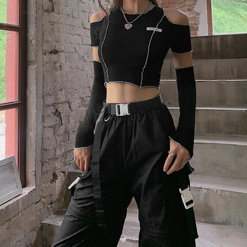 Gothic One-Shoulder Y2K Crop Top | Ruffle Hem Patchwork Black Tee