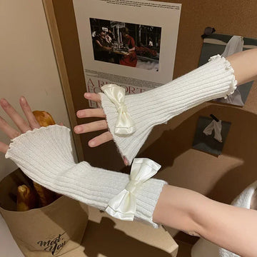 Knitted Bow Tie Fingerless Gloves | Y2K Lolita Gothic Arm Warmers