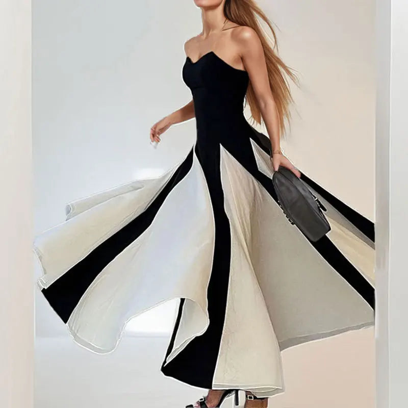 Elegant Color Block A-Line Knitted Bell Sleeve Dress