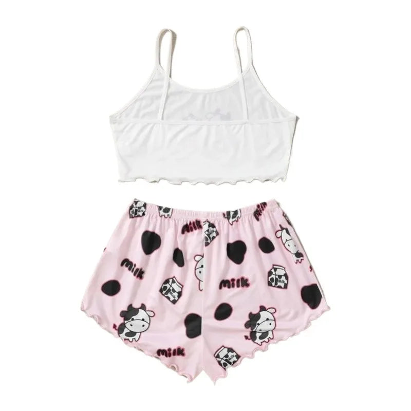 Cute Cow Print Sleeveless Top and Shorts Sleepwear for Women 2 Pieces Pajamas Set Casual Homewear Loungewear Pijamas