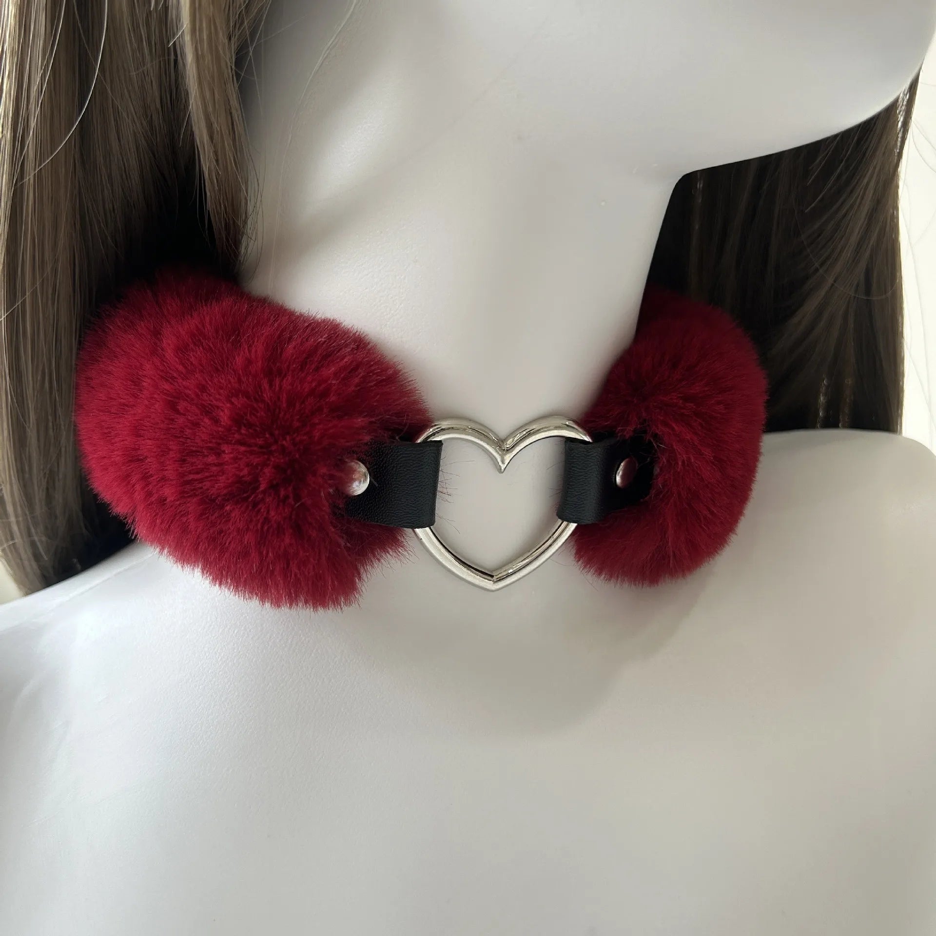Harajuku Plush Heart Y2K Choker Necklace – Punk Statement Collar