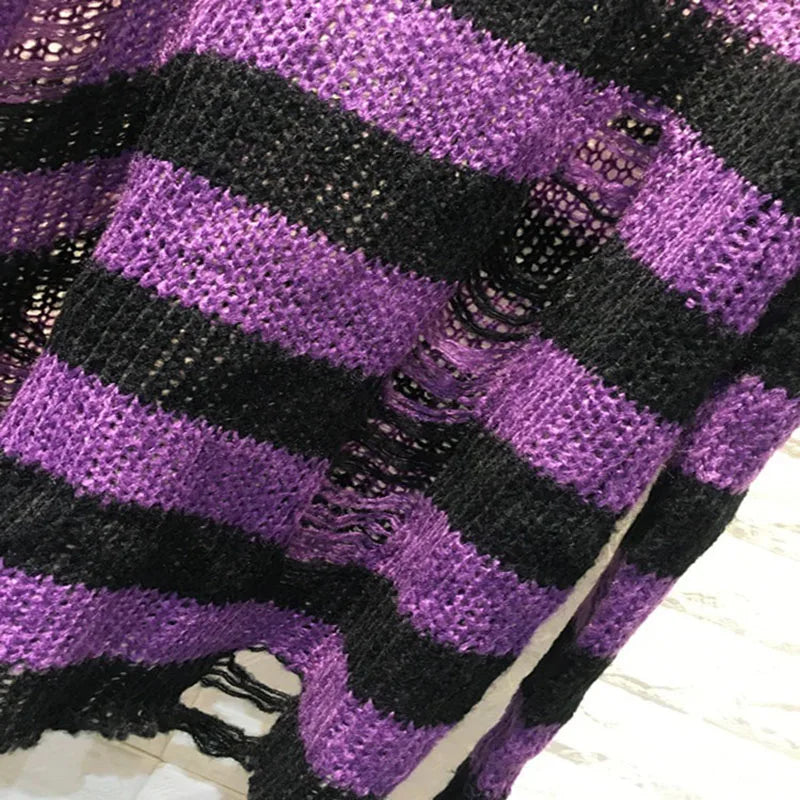 Distressed Oversized Striped Sweater Punk Grunge Knit Top
