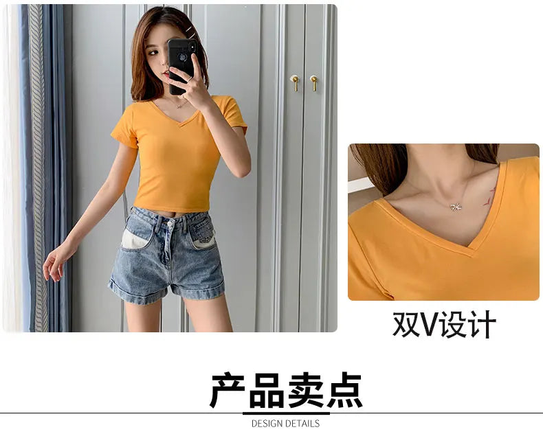 Summer Fashion Solid V Neck T Shirts Women Short Sleeve Sexy Crop Tops Ladies Casual Tees Top Tees Female Black Cotton T-Shirts