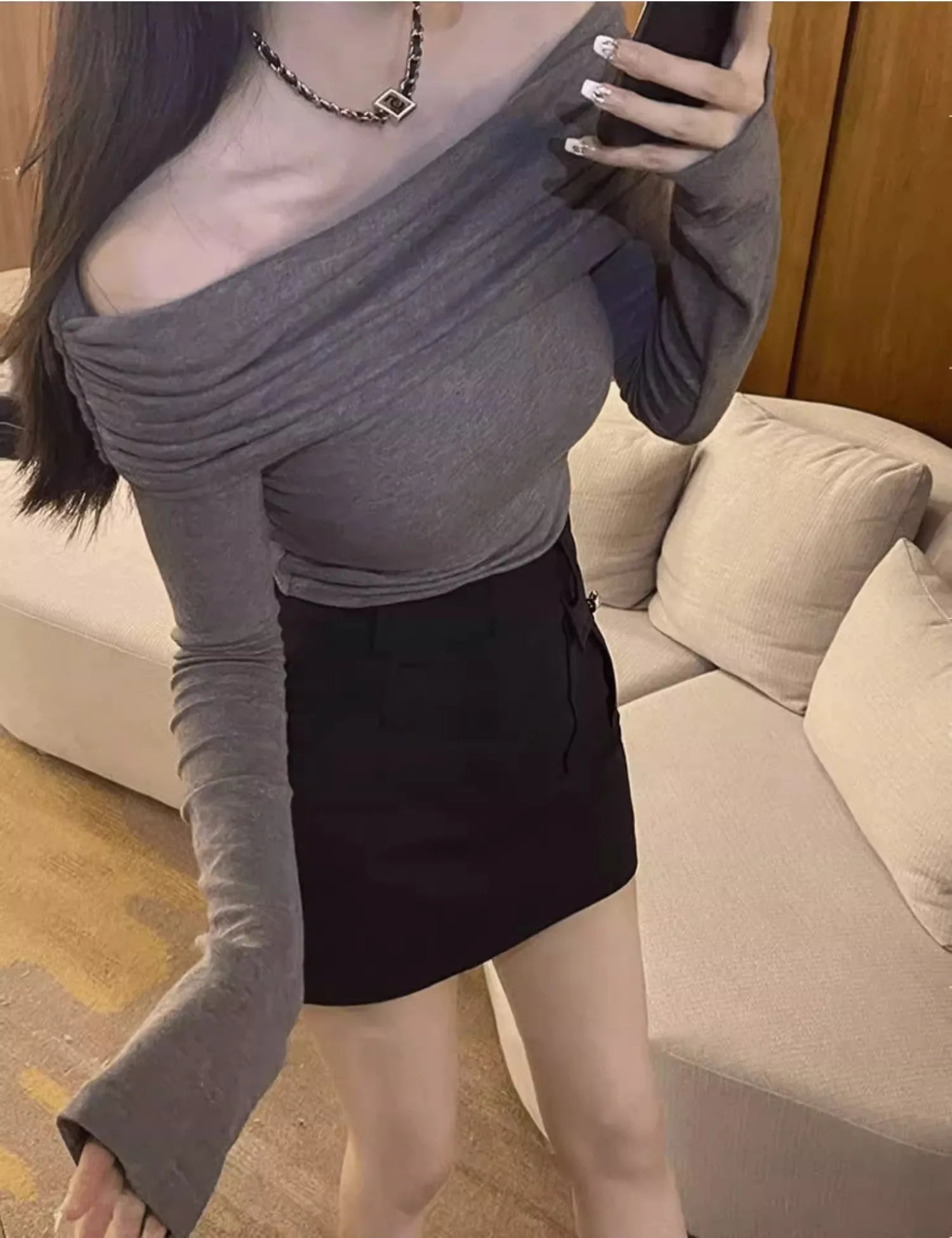 Black Shoulder-Bared Long Sleeve Knitted Sweater Women's Autumn New Style Slim Fit Inner Wear Base Top Korean Style Commute F...