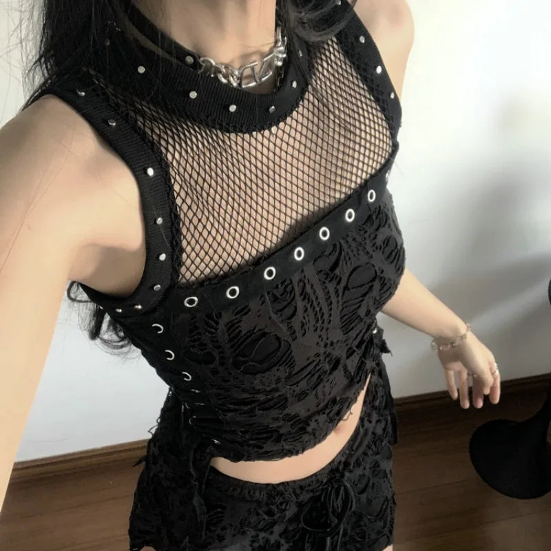 Gothic Y2k 2 Piece Set Hollow Out Lace Spliced Tank Crop Top Women Lace-up Waisted Irregular Mini Skirt 2025 Aesthetic Harajuku