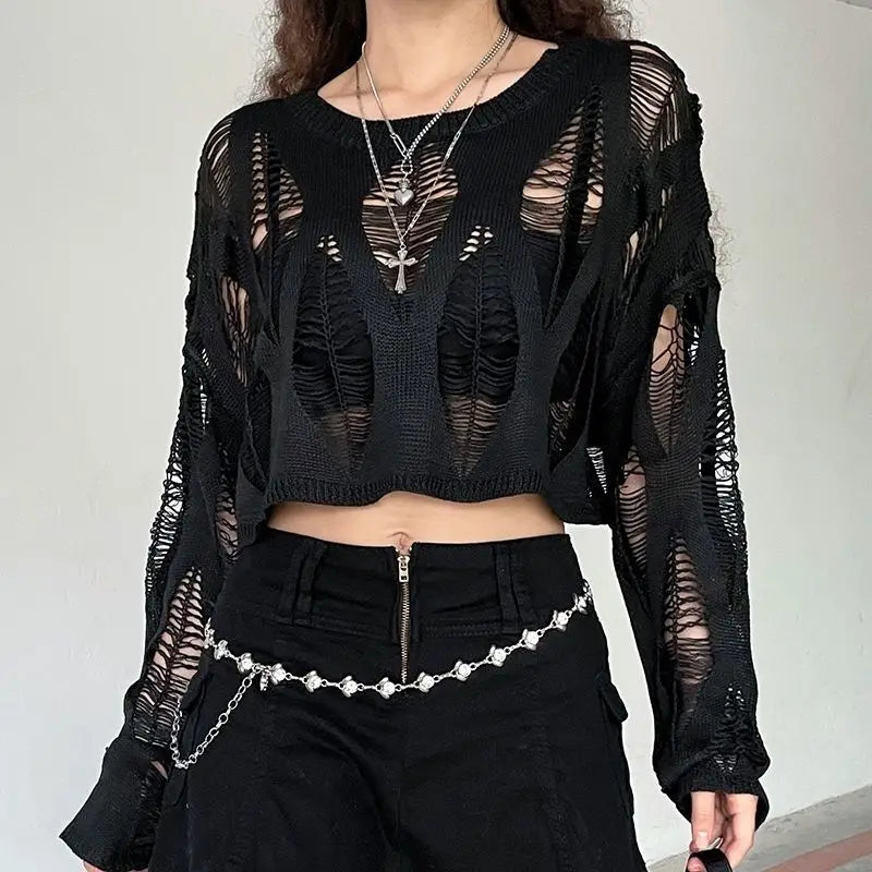 Women Hole Hollow Out Y2K T-shirts Batwing Sleeve Knitted Shirt for Women Punk Loose Streetwear Tops Spring Autumn 2026