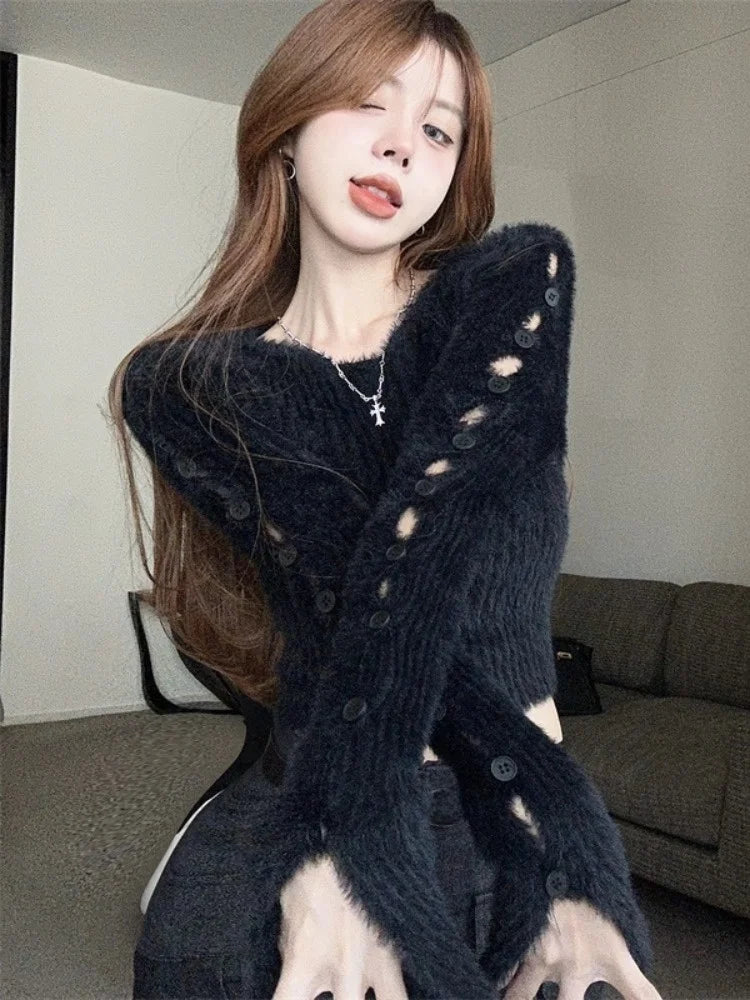 Sexy ort Knitted Sweater Women's Spring Autumn Soft Cozy Design Hole Knitwear Pure Desire Versatile Base Layer ort Top