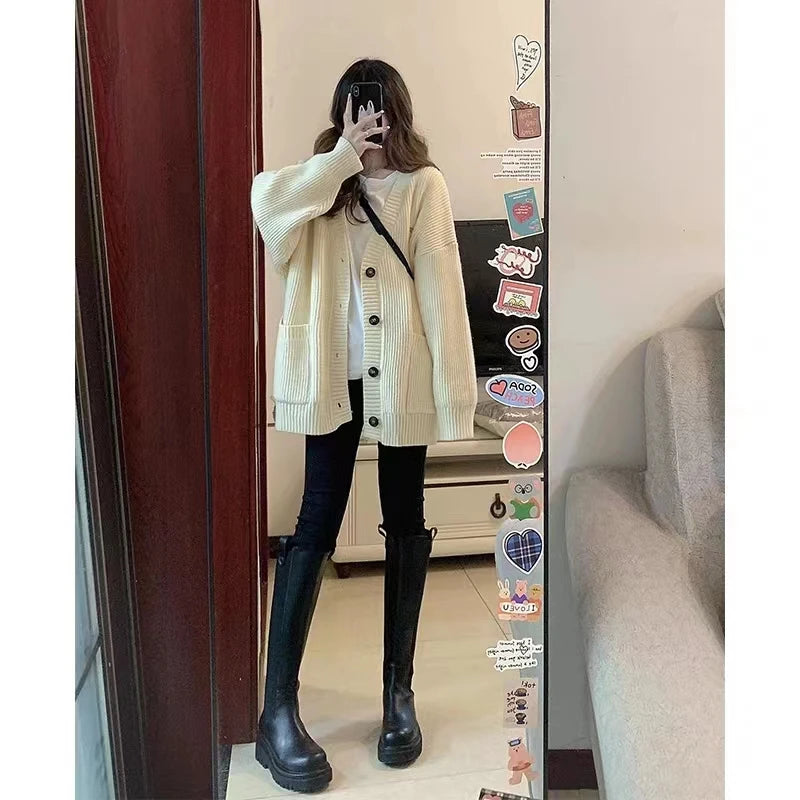 Gray Mid-Length Knitted Sweater Coat Women's Autumn Outerwear Japanese Lazy Vintage Milk System Soft Cozy Open Cardigan