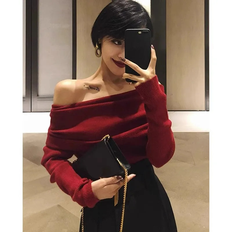 Black Shoulder-Bared Long Sleeve Knitted Sweater Women's Autumn New Style Slim Fit Inner Wear Base Top Korean Style Commute F...