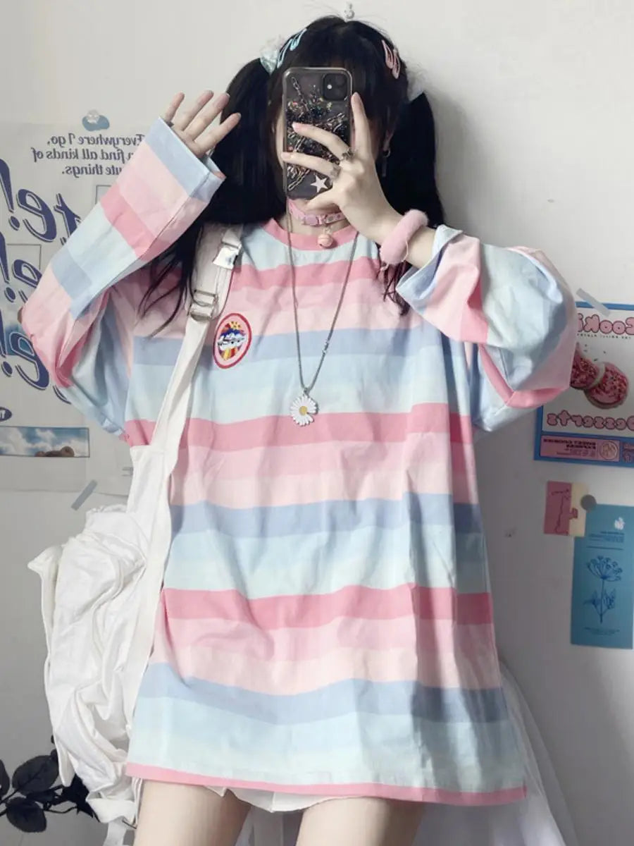 Loose Long Sleeve Striped T-Shirt Women's Base Shirt Student Style Korean Version Autumn New Arrival Female Top round Neck