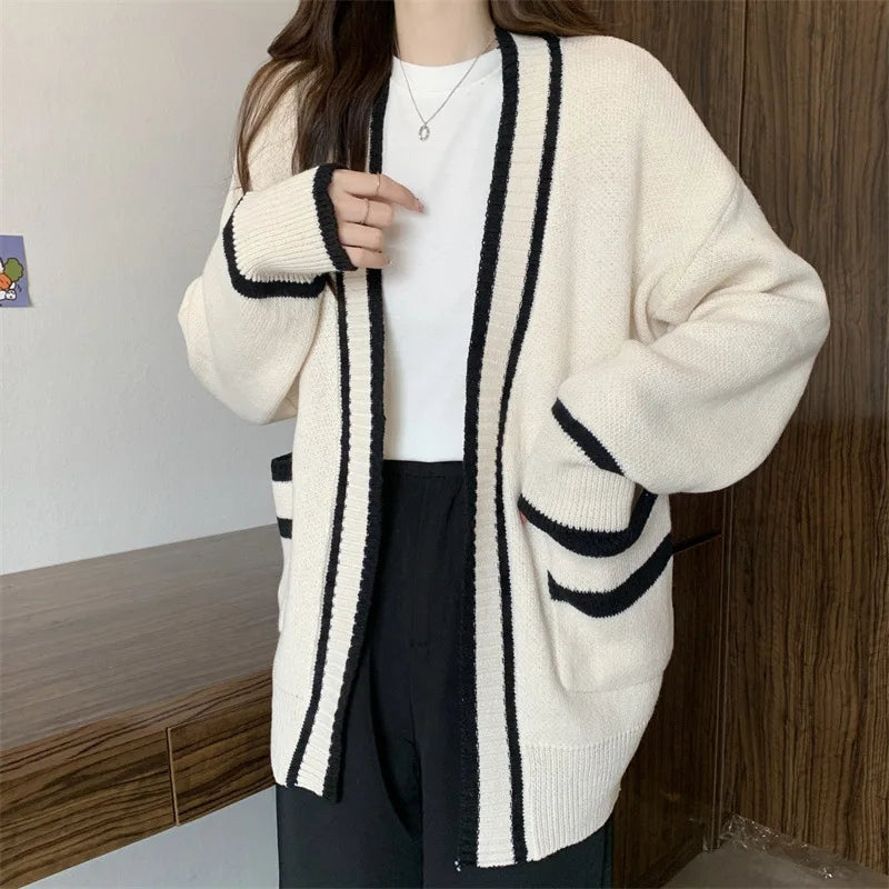 New Korean Women Cardigan Jackets Patchwork Clothing V Neck All Match Sueter Mujer Casual Fashion Knitted Oversized Sweater Tops