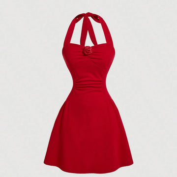 Red Bow Halter Backless Pleated Mini Dress | Spice Girl A-Line Knit