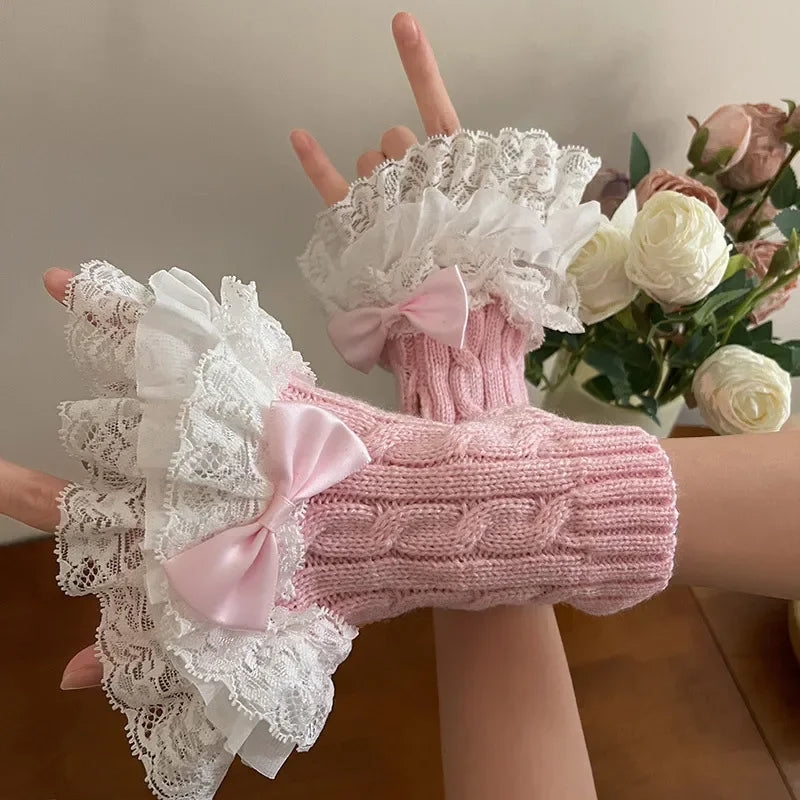 Lolita Lace Fall Winter Warm Sleeves Knitted Cute Fairy Bow Teenage Hand Sleeves Mittens Women