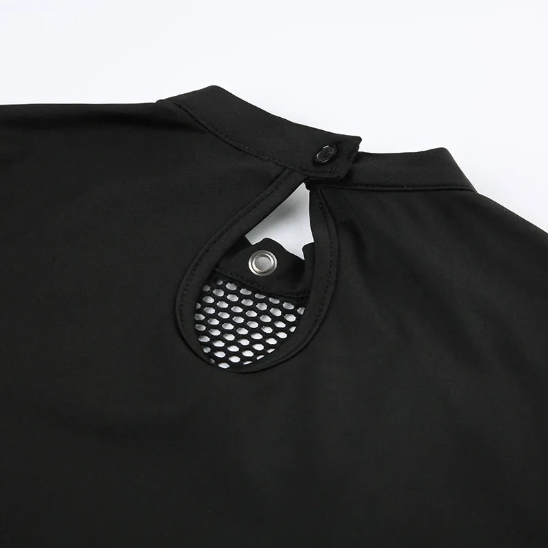 Goth Dark Techwear Cyber Gothic Fishnet Patches T-shirts Punk Grunge Hollow Out Skinny Crop Tops Black Eyelet Fashion Alt Clothe
