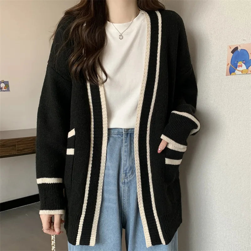 New Korean Women Cardigan Jackets Patchwork Clothing V Neck All Match Sueter Mujer Casual Fashion Knitted Oversized Sweater Tops