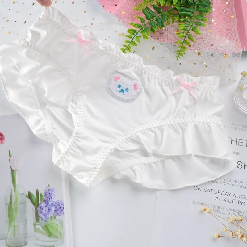 Cute Lovely Sweety Women Japanese Style Princess Lolita Bow Cartoon Bear Embroidery Milk Silk Panties  Underwear