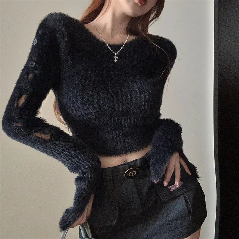 Sexy ort Knitted Sweater Women's Spring Autumn Soft Cozy Design Hole Knitwear Pure Desire Versatile Base Layer ort Top