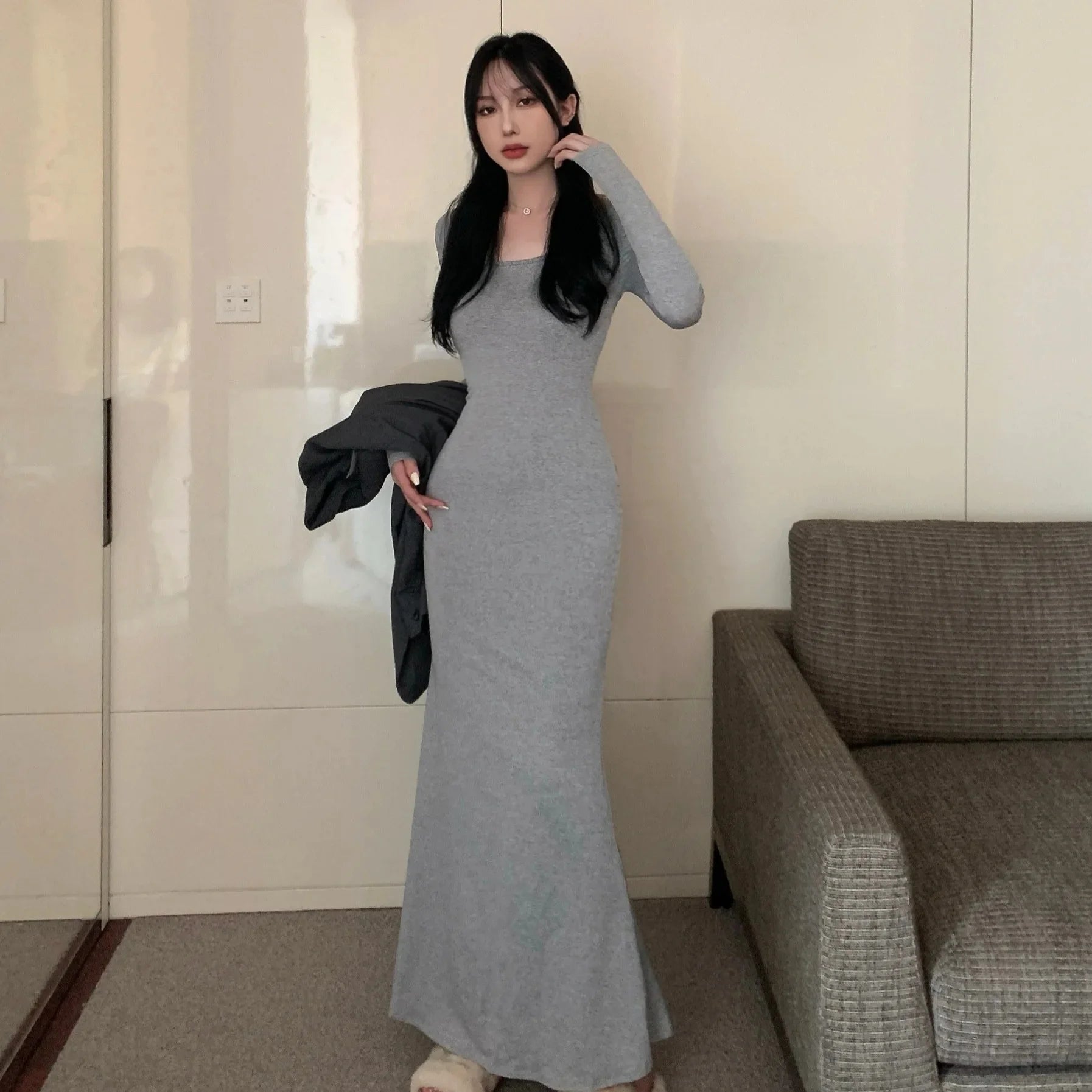 Elegant High-Waisted Fishtail Long Dress - Slimming Autumn Chic