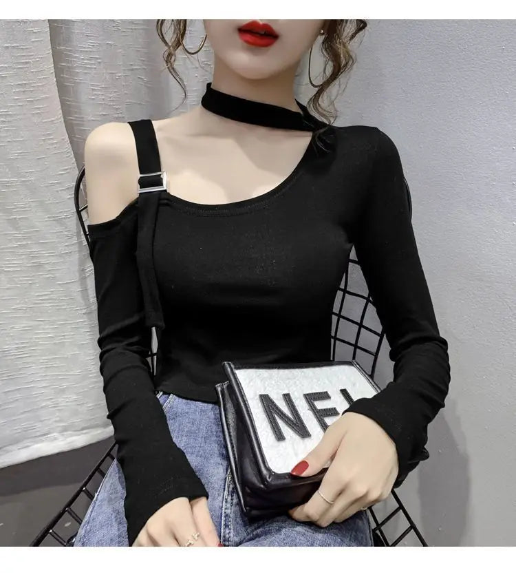 Chic Shoulder Bared Long Sleeve Base Shirt for Women Stylish Slim Fit Trendy Top Casual Loose Style Daily Wear Girl's Fashion