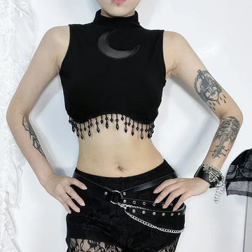 Cyber Y2K Goth Turtleneck Crop Tank Top Moon Chain Tassel