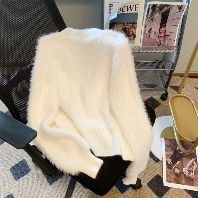 2026 Spring Autumn Women's Sweater Cardigan Jacket New Loose V-neck Imitation Mink Fur Sweater Jacket Female Knitted Tops Coat