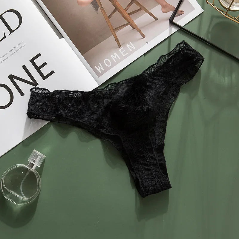 Lace Mesh Rabbit Tail Thongs | Sexy Low-Rise Lingerie