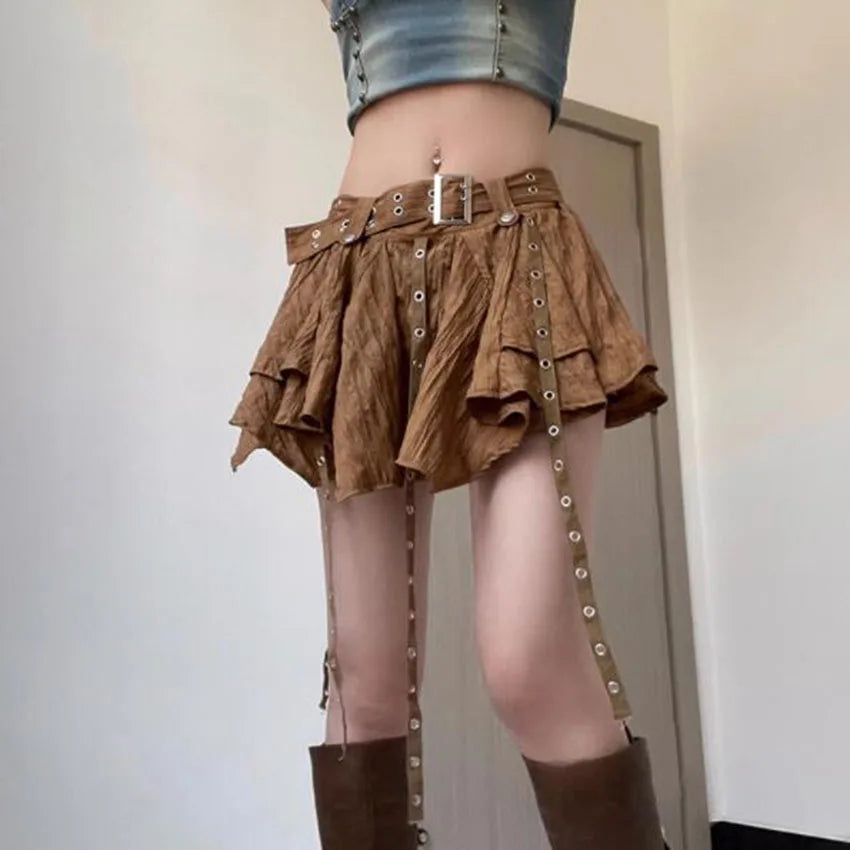Y2K Grunge Asymmetrical Mini Skirt: Layered & Belted E-Girl Style