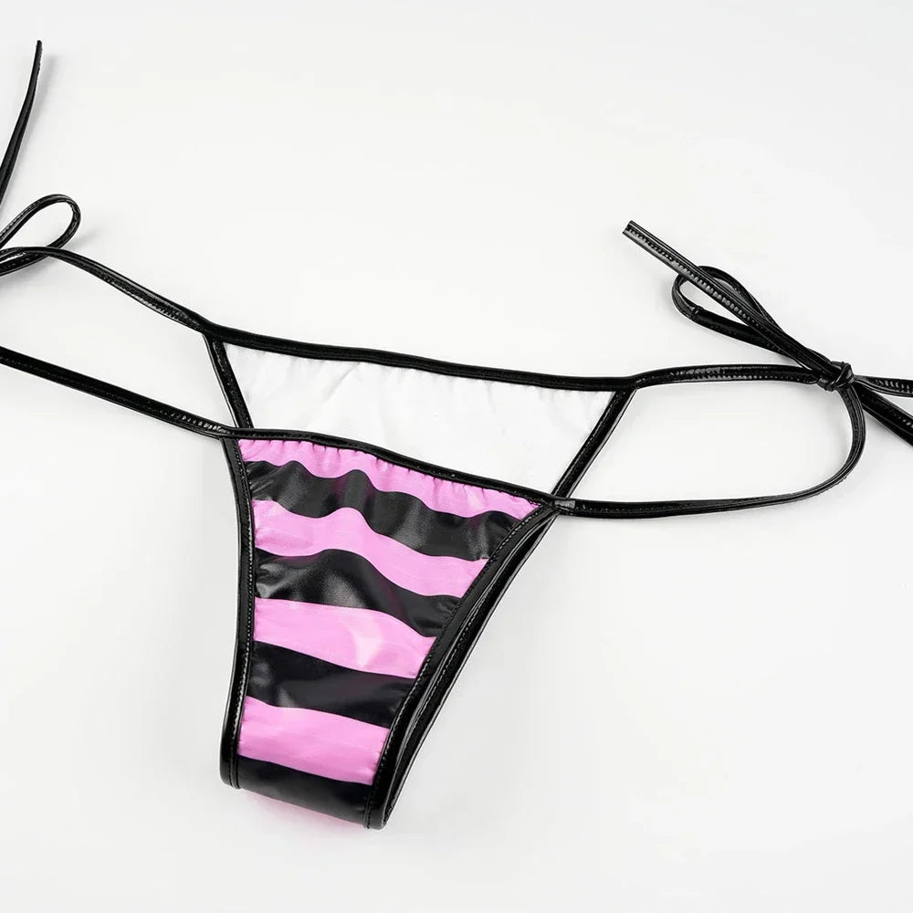 Daring PU Leather Micro Bikini Set | Anime Stripes Sexy Swimwear