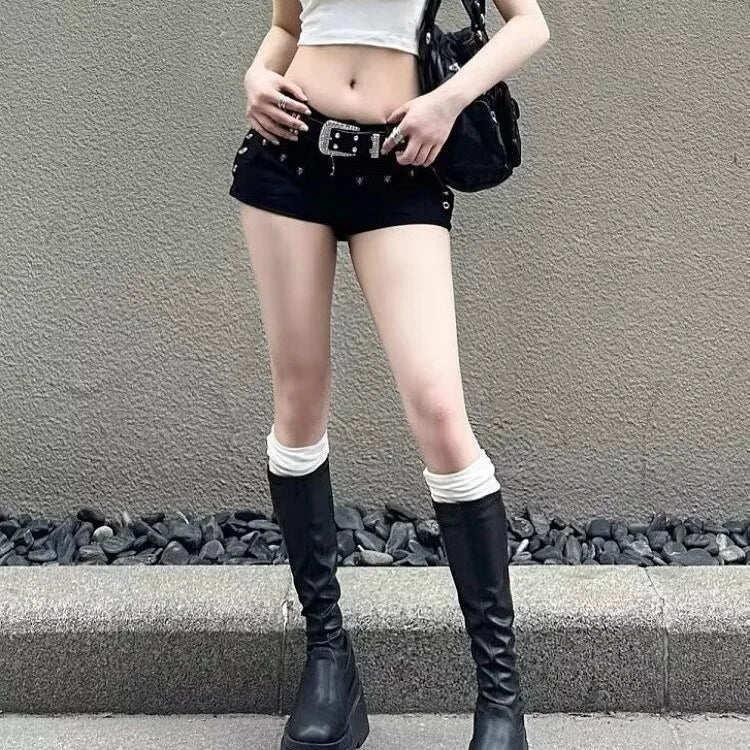 American Spice Girl Y2k Shorts Black 2025 Summer New Sexy Low Waist Hip Wrap Willow Nail Denim Super Shorts Women