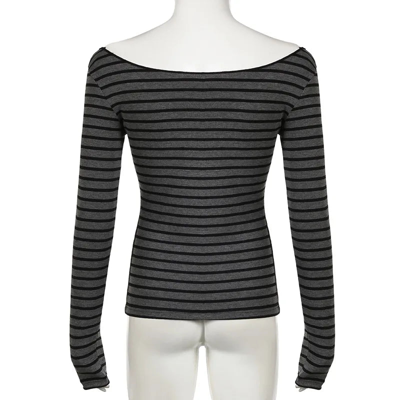 Harajuku Basic Slim Long Sleeve Stripe Tee Off Shoulder O Neck Korean Street Style Spring Autumn Y2K Women's Gray T Shirt