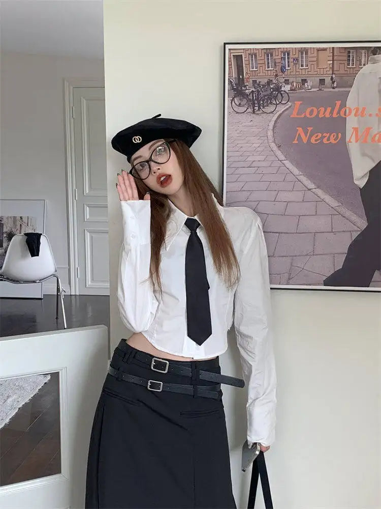 Women's Early Spring Short Sleeve Long Shirt Hong Kong Style Loose Fit Versatile Slimming Design Trendy Top Casual Shirt