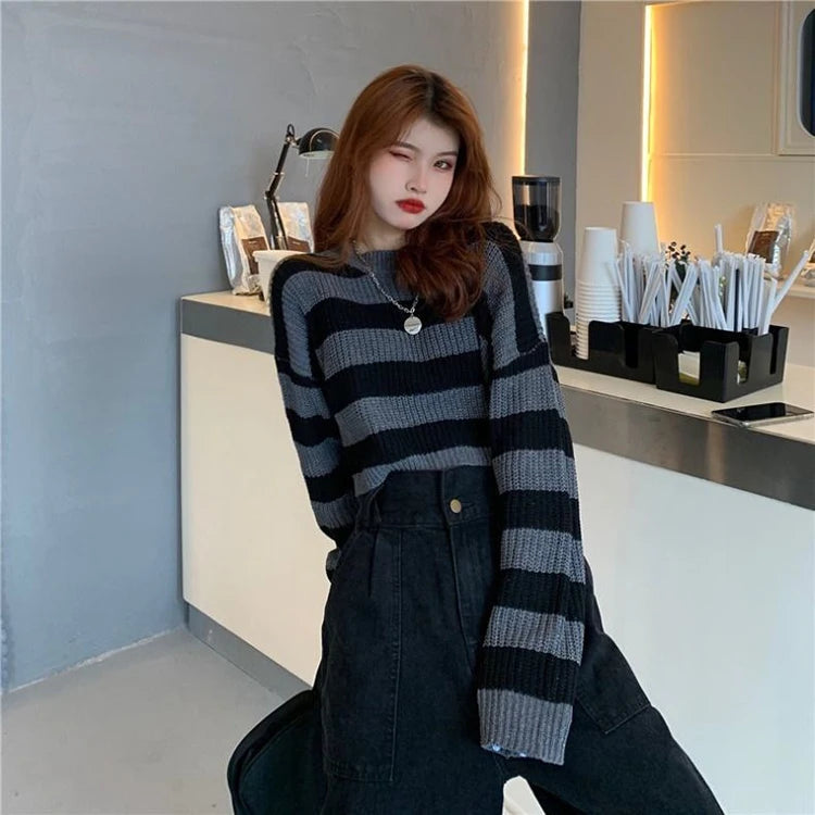 Black White Striped Cropped Sweater | Y2K Goth Knit Pullover