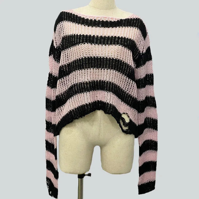 Distressed Oversized Striped Sweater Punk Grunge Knit Top