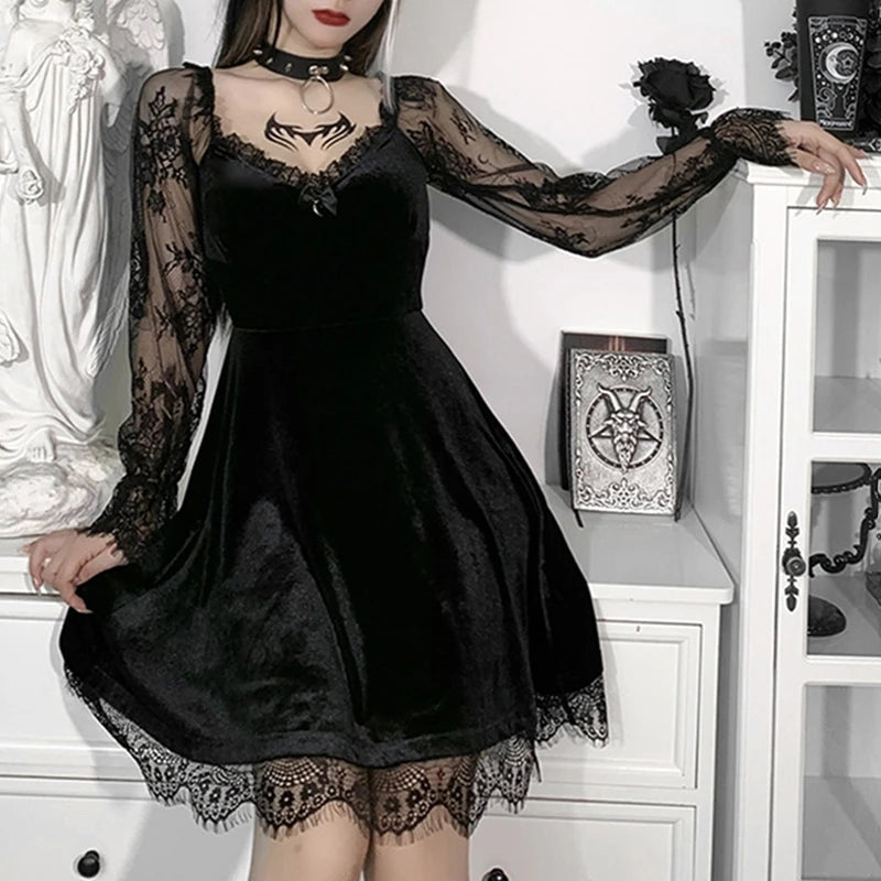Dark Gothic Lace Mini Dress - Flare Sleeve V-Neck