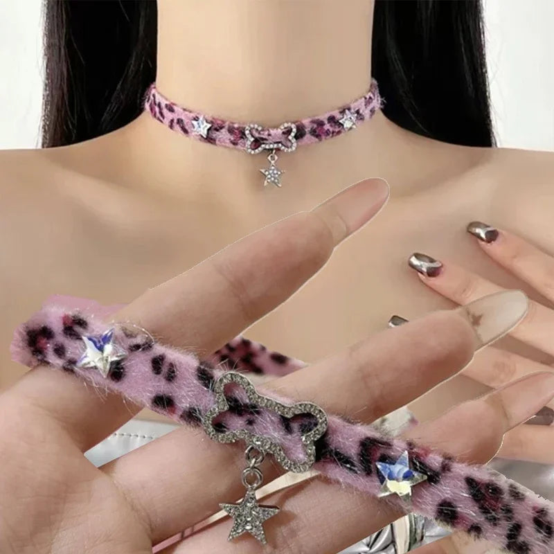 Y2K Plush Leopard Bone Choker Necklace Purple Velvet Goth